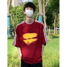 抖音得物高品质二开240克宽松纯棉美式潮牌三条杠织带短袖T恤，男装T恤，电商A486-1