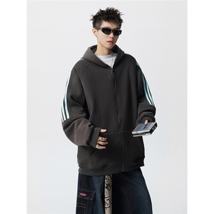 8XL-M秋冬美式运动三条杠条纹开衫卫衣连帽特大码宽松JK5206/P65图片