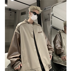 港风美式复古拼接罗纹pu棒球服情侣皮衣夹克外套男女G1094P108，男装夹克，电商A339