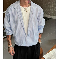老钱风假两件V领长袖宽松衬衫，网图-A061-AC01604-特P65，男装衬衫，电商A061