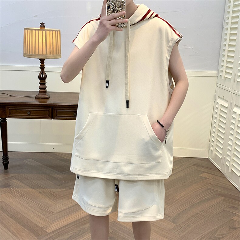 2023夏上新青少年百搭连帽背心套装无袖T恤男女7810-P75控价108,男装背心/马甲,电商A441-1