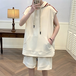 2023夏上新青少年百搭连帽背心套装无袖T恤男女 7810-P75控价108图片