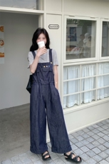 盐系学院风牛仔背带裤套装夏女2025新款宽松条纹T恤休闲两件套女，女装套装/套裙，2C012