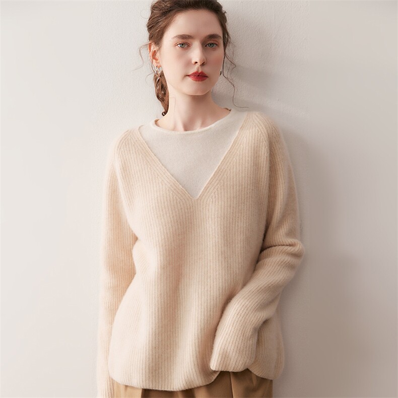 2025年秋季新款百搭女士七针加厚元宝针假两件，女装羊绒衫，尚达羊绒