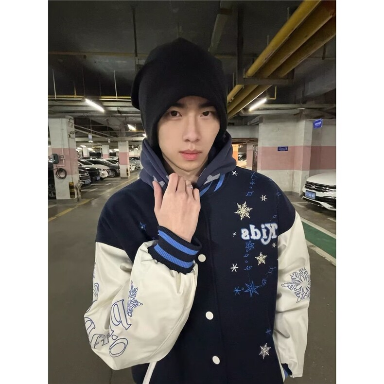 慵懒潮牌刺绣棒球服男新款魔术贴夹克拼接PU皮落肩外套宽松新款，男装夹克，星座506A