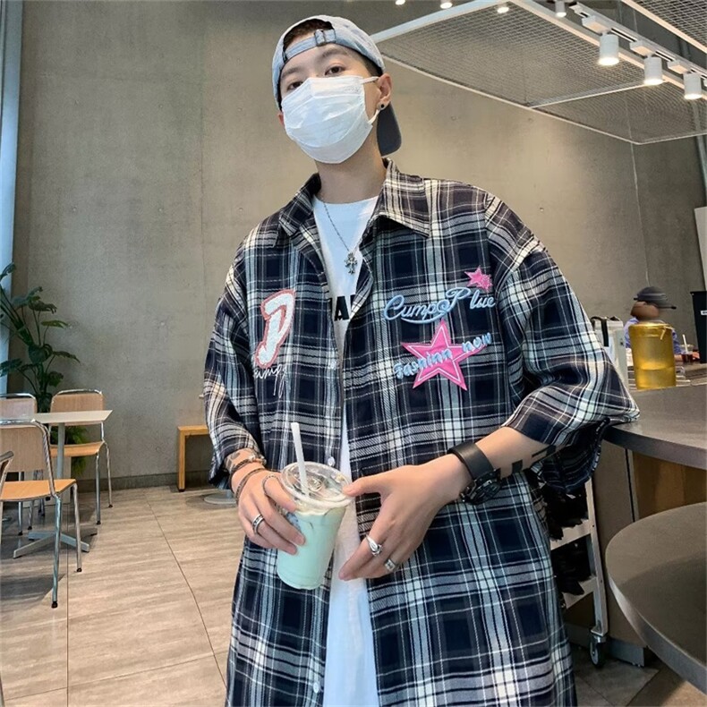 美式复古格子刺绣短袖衬衫男女宽松夏季情侣设计感衬衣CS511-p35,男装衬衫,星座1008