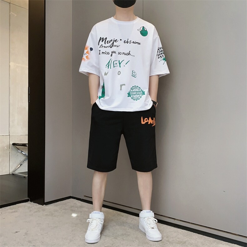 新款夏季潮流时尚T恤男装青少年宽松休闲吸汗透气套装F310P58图片
