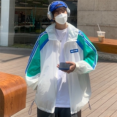 港风夏季潮流宽松撞色连帽外套防晒服男F6602P55控68，男装防晒衣，电商A268A
