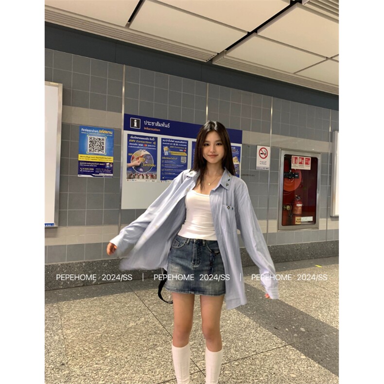 防晒衣女新款外搭夏季超仙2025宽松薄款长袖复古港风条纹衬衫开衫图片