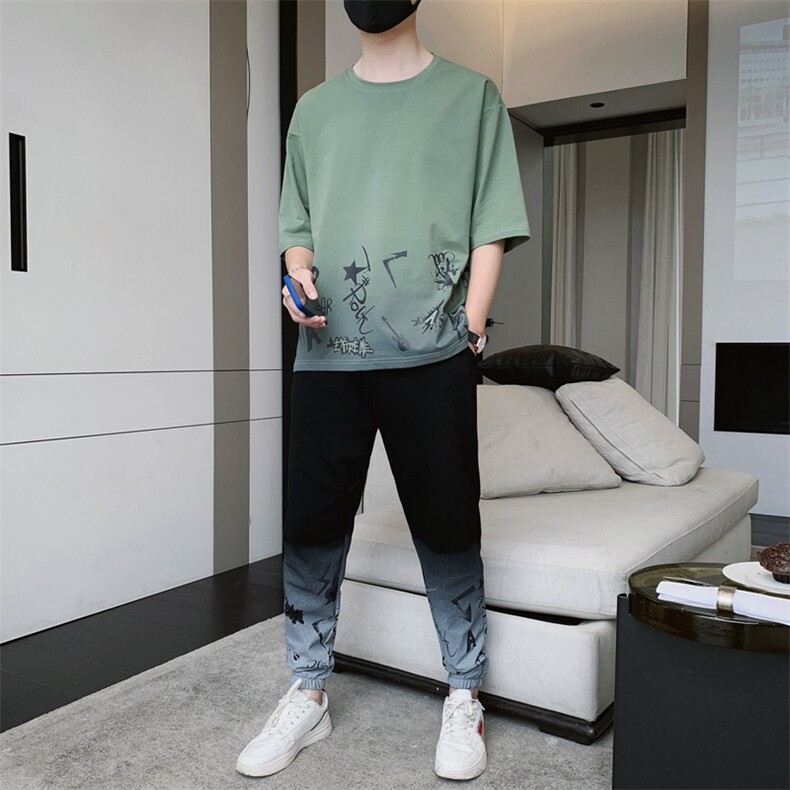 新款夏季时尚帅气潮流体恤男装宽松短袖T恤休闲套装单衣F308P68,男装休闲套装,电商A086