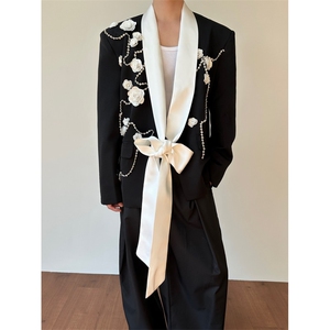 26春夏新中式拼接休闲白色花朵钻石西装外套上衣xz195-p178