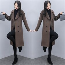毛呢外套女中长款2021秋冬新款女装韩版时尚休闲双排扣呢大衣图片