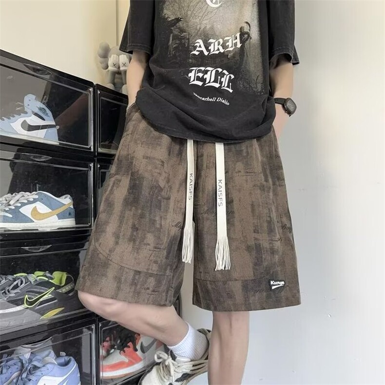 扎染运动五分裤男夏2025新款美式高街宽松青少年痞帅休闲大码短裤图片