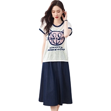 2023年夏季女新款时尚休闲气质优雅宽松猫头针织上衣加半身裙套装，女装套装/套裙，奋斗女王