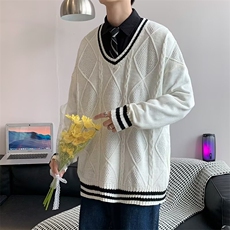 流行青少年潮长袖休闲简约常规秋季套头撞色条纹V领冬季M76，男装针织衫/毛衣，星座506