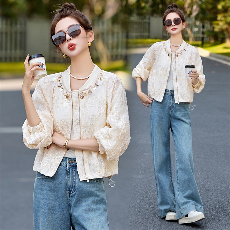 棒球服女2025开春新款小个子休闲百搭洋气小香风白色短款蕾丝外套，女装短外套，依如秀(原杭风阁)