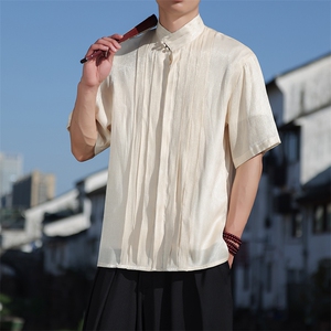 宽松风条纹褶皱轻薄透气亮面夏季休闲盘扣立领短袖衬衫30507图片