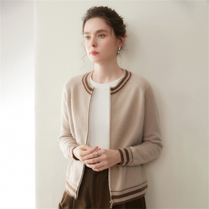 秋冬新款圆领针织山羊绒开衫女撞色宽松加厚时尚保暖拉链毛衣外套图片