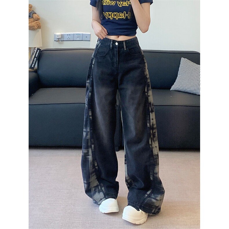 2384-P52格纹拼接牛仔裤子女春秋新款宽松垂感拖地阔腿裤,女装休闲裤,电商A306A
