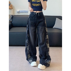 2384-P52格纹拼接牛仔裤子女春秋新款宽松垂感拖地阔腿裤，女装休闲裤，电商A306A