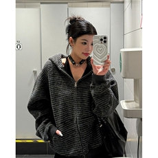 美式复古条纹拉链开衫连帽卫衣男女宽松休闲百搭情侣外套WA231，女装短外套，星座1116A（原606A-3）