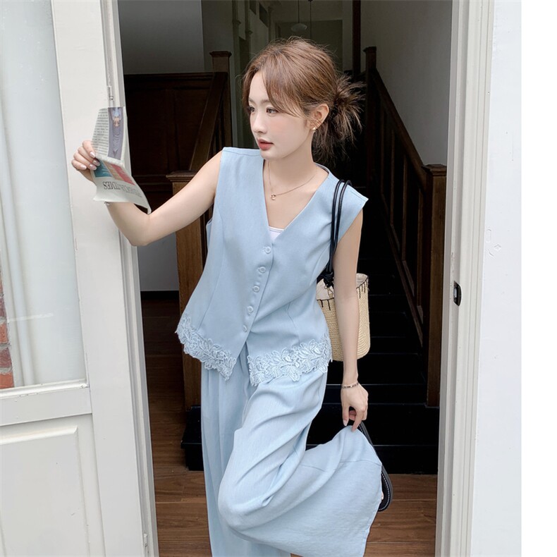 2026夏季新款高级感蕾丝拼接无袖马甲阔腿裤套装女显瘦气质两件套,女装套装/套裙,霓裳依族