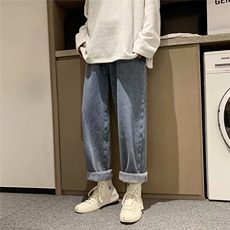 港风加绒加厚牛仔裤ins百搭韩版宽松直筒阔腿裤N824-P45加绒50，男装牛仔裤，星座1008-1