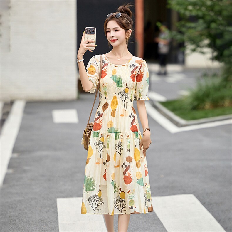 2025夏季新款时尚印花休闲韩系花朵亚麻天丝短袖连衣裙女中长裙子,女装连衣裙,布芭啦