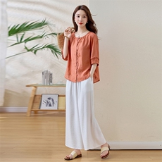 新中式国风套装女2025夏季新款高级感气质显瘦上衣阔腿裤两件套，女装套装/套裙，魅影