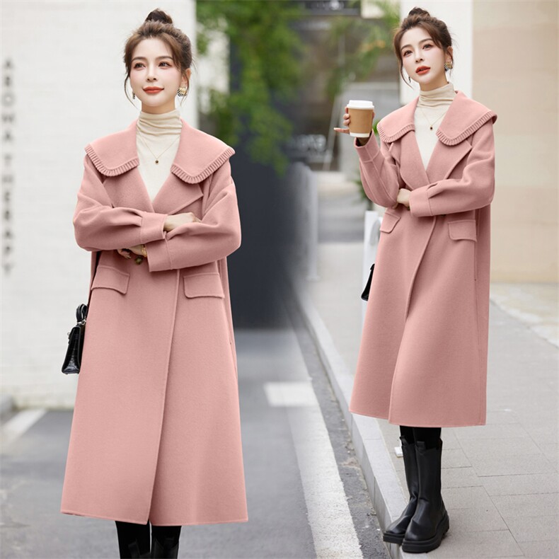 娃娃领双面羊毛大衣女2025春秋爆款高级感洋气流行长款羊毛呢外套,女装双面呢大衣,辉煌依升