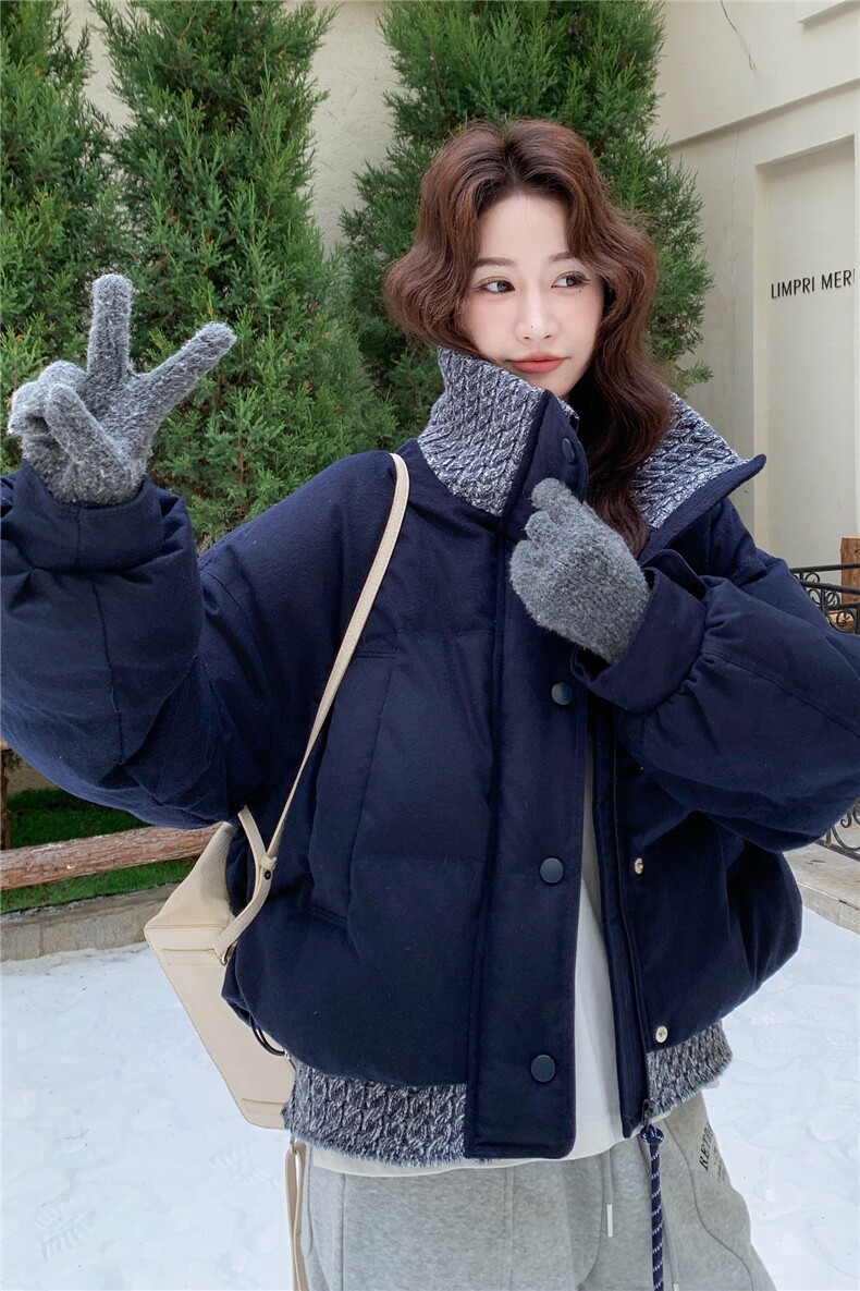 藏青色针织拼接短款羽绒服女2025冬新款设计感小个子90白鸭绒外套,女装羽绒服,辉之琳