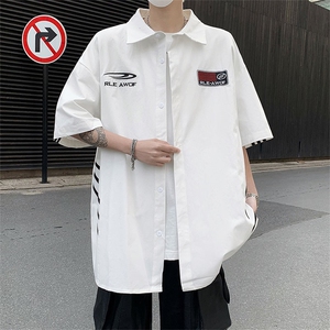 F283-P35 2024新款设计感宽松短袖衬衣美式复古拼接衬衫男现货图片