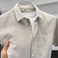 2025夏季男士短袖棉真口袋条纹衬衣纯棉短袖衬衫休闲衬衣，男装衬衫，钱塘207-1