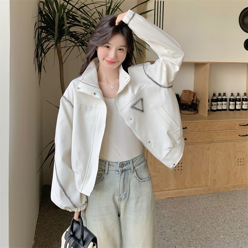 蓝色休闲设计感短外套女2025春季新款韩系小个子宽松时尚立领夹克,女装短外套,2C232