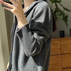 长袖纯色羊毛2024年秋季连帽拉链简约羊毛针织衫，女装羊毛衫，冀清阳荣