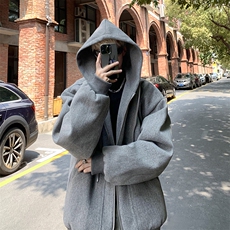 双拉链设计秋冬宽松连帽毛呢卫衣开衫男女外套B289-Z0365-P128，女装短外套，电商B289