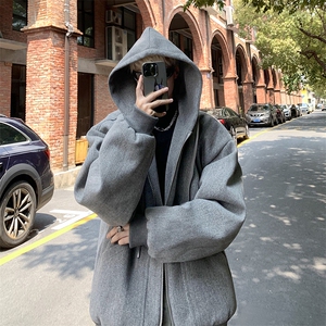 双拉链设计秋冬宽松连帽毛呢卫衣开衫男女外套B289-Z0365-P128图片