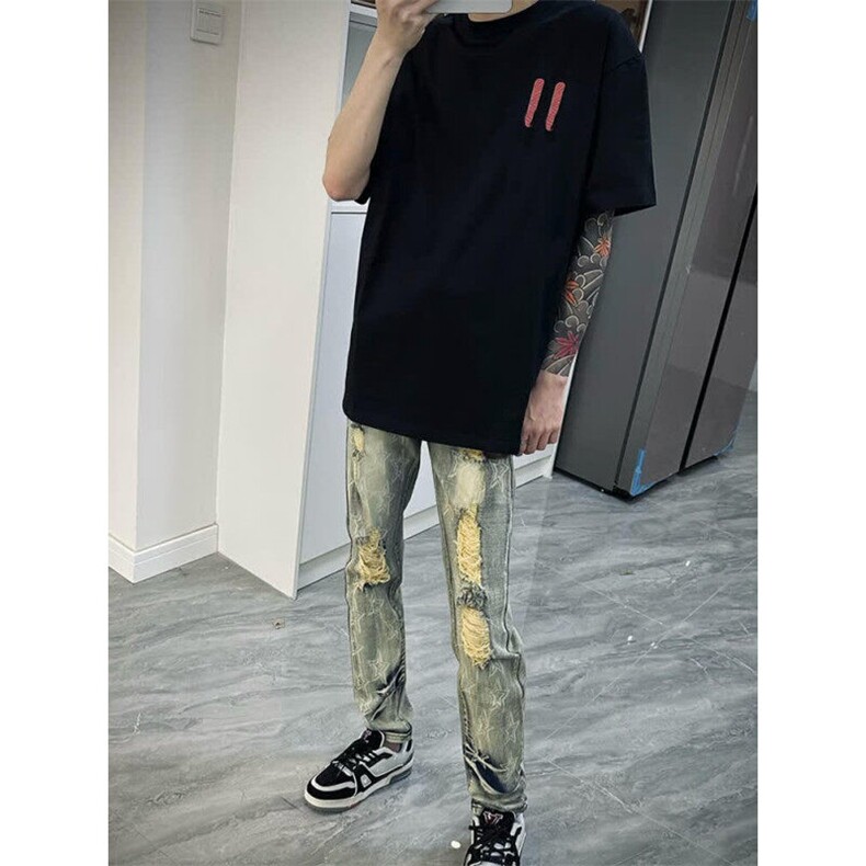 欧货复古印花牛仔裤男破洞补丁刺绣五角星弹力修身小脚休闲裤潮流,男装休闲裤,星座506A