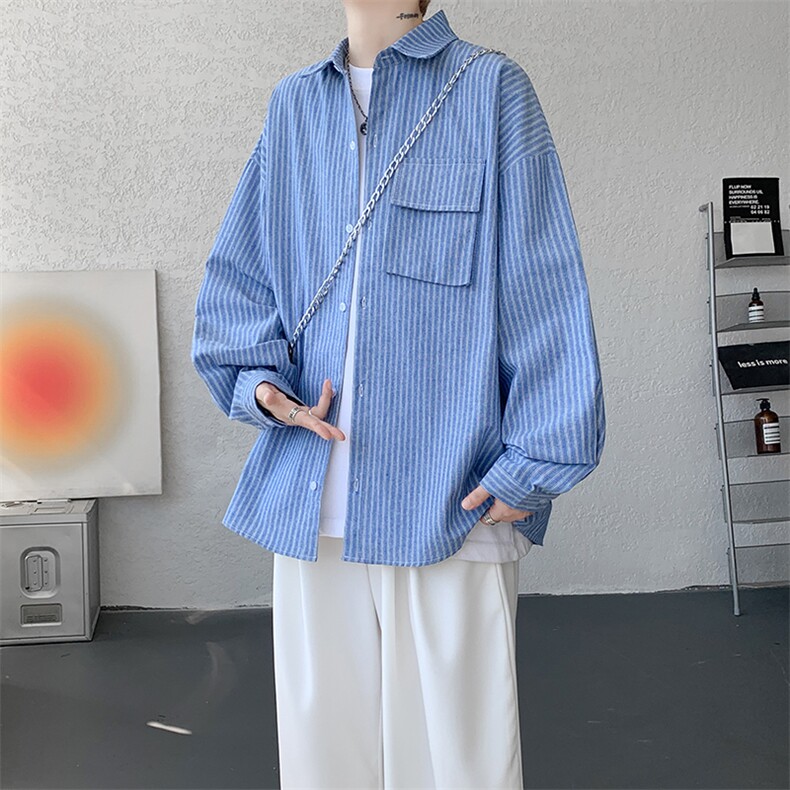衬衫男秋季新款港风宽松大码立体口袋纯棉条纹长袖衬衣CS3099-P42，男装衬衫，星座214-3