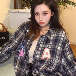 美式复古长袖格子衬衫外套女春秋幂式穿搭设计感小众刺绣防晒衬衣图片