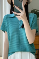 翻领冰丝针织短袖T恤女2025新款加肥大码女装夏季短款显瘦V领上衣，女装针织衫/毛衣，大美人包芯纱店