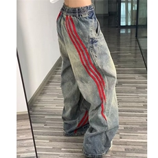 大码美式复古条纹撞色拼接做旧牛仔裤男女潮直筒宽松工装阔腿长裤，男装牛仔裤，星座218-1（原230）