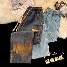 加绒加厚牛仔S-3XL-73.3%棉17.1%粘纤9.6%聚酯维(含微量纤维)，男装牛仔裤，星座718-1