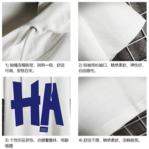 LD54258-P45 NASA连帽短袖t恤男大码胖子带帽五分袖中袖 网格图片
