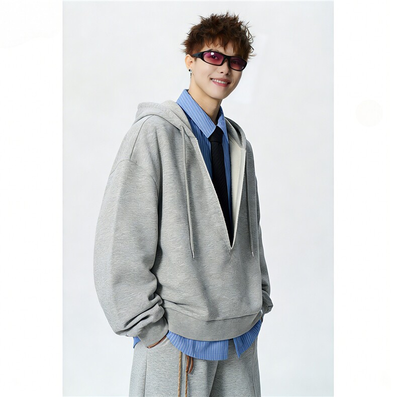 送领带420克重磅假两件V领卫衣男女学院风长袖条纹G1181特P68，男装卫衣，电商A339