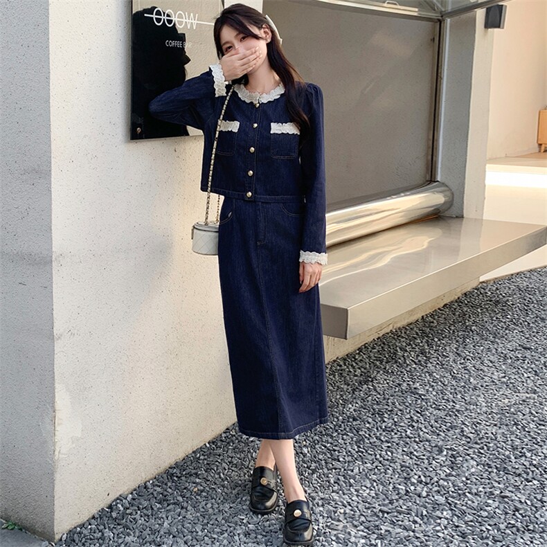 时尚休闲套装春秋新款女装气质小香风长裙两件套设计感港风牛仔裙，女装套装/套裙，心心服饰