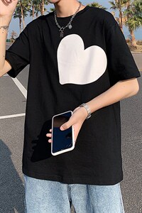 港风夏季T恤衫男韩版潮流短袖宽松爱心情侣装纯棉中袖T121P35控49图片