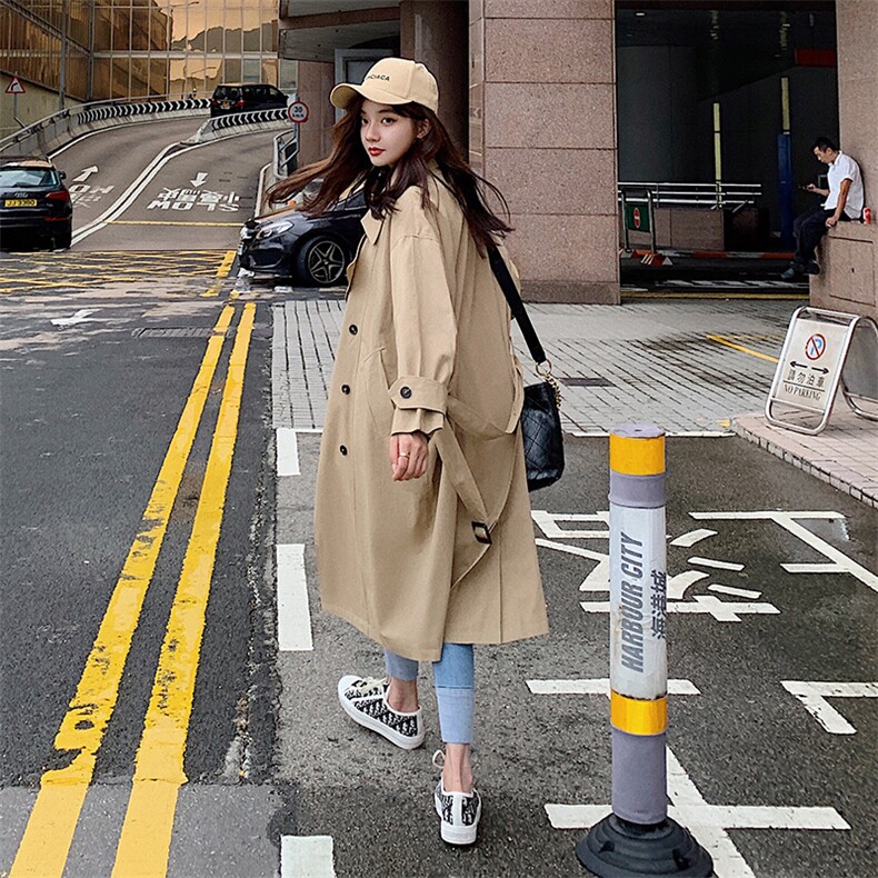 2021年秋季纯色双排扣系腰带宽松风衣外套8218-8653，女装风衣，卡莱