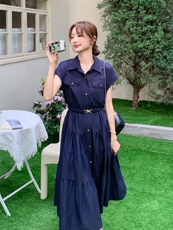 藏青色设计感工装衬衫连衣裙女2025夏季新款超好看气质收腰a字裙，女装连衣裙，浙宝301