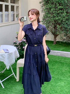 藏青色设计感工装衬衫连衣裙女2025夏季新款超好看气质收腰a字裙图片